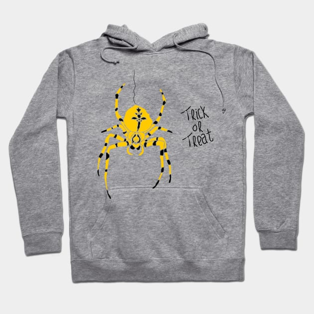 yellow spider with black stripes and trick or treat typography Hoodie by bloomroge